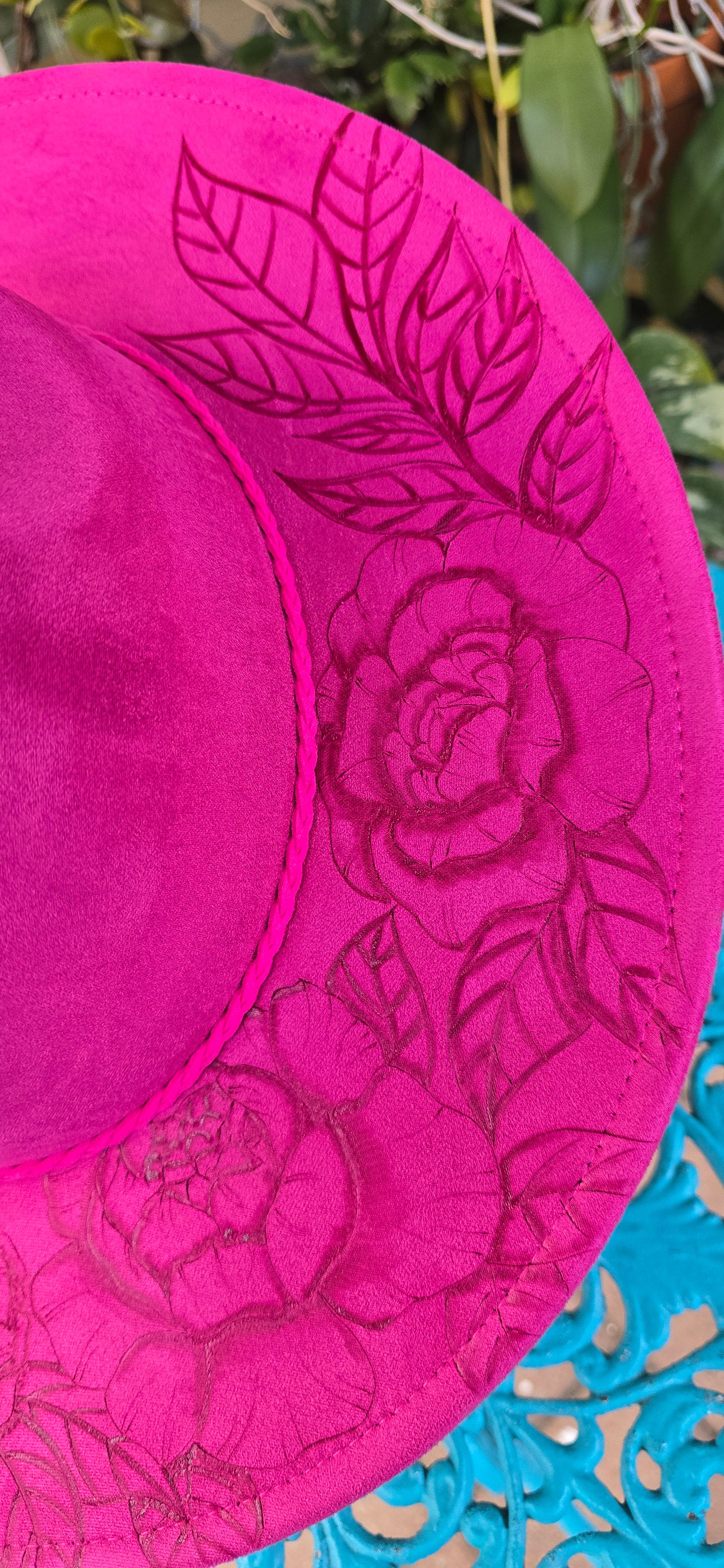 Rose red handburnt peonies fedora hat