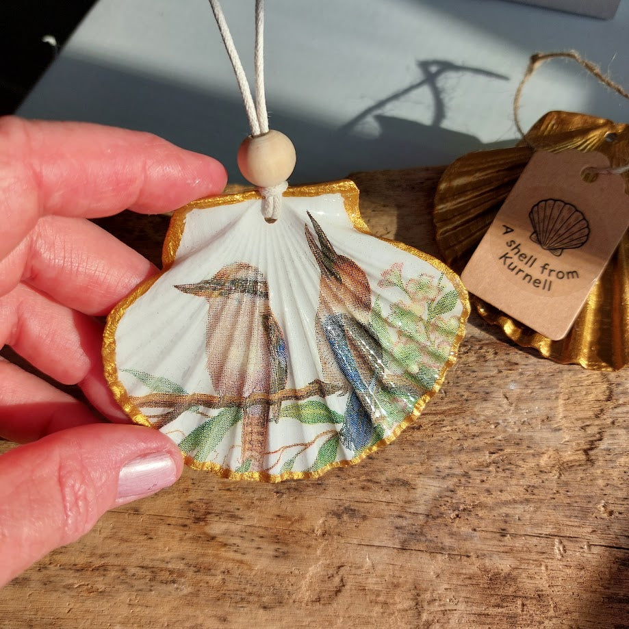 Hanging ornament real shell decoupaged with Australian kookaburras