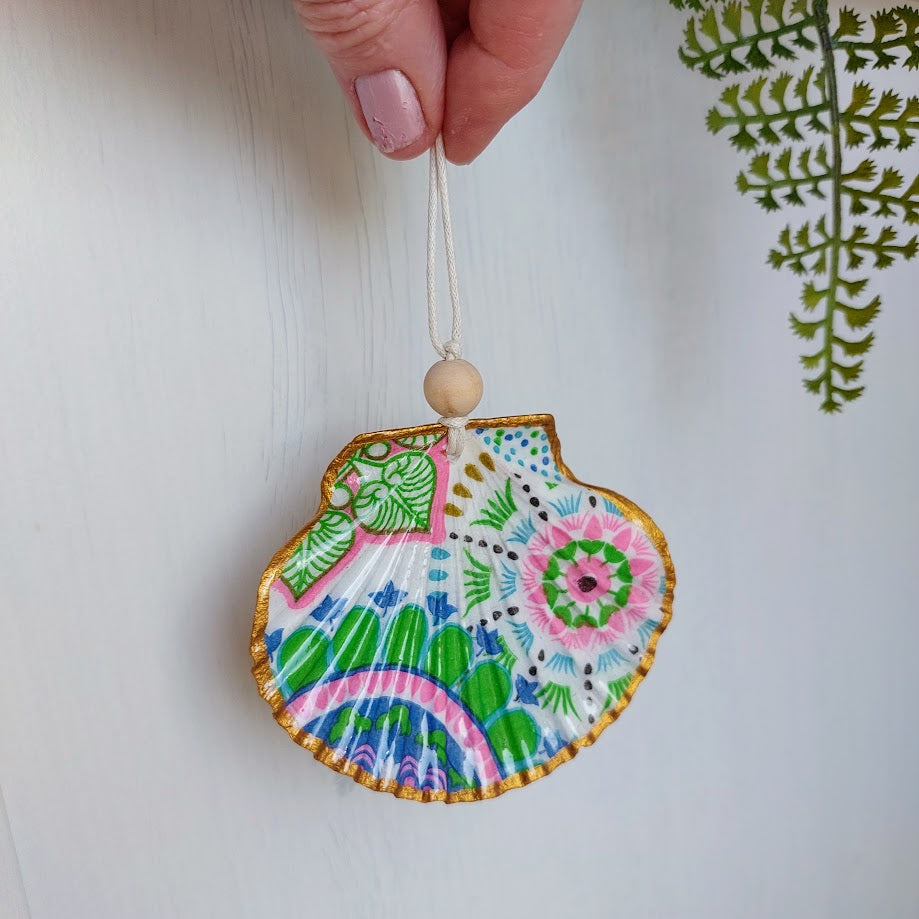 Real shell hanging ornament decoupaged with paisley pattern