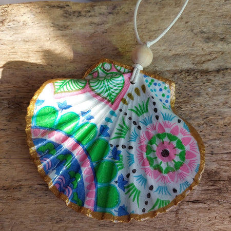 Real shell hanging ornament decoupaged with paisley pattern