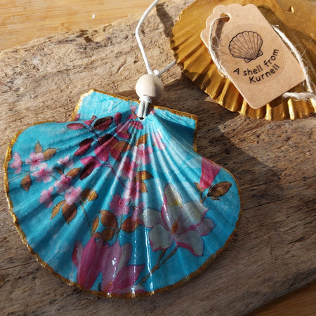 Real scallop shell blue floral decoupage hanging ornament