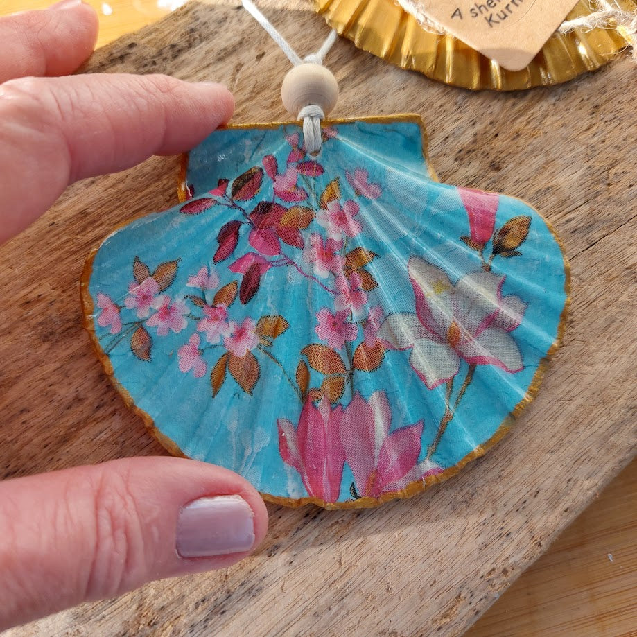 Real scallop shell blue floral decoupage hanging ornament