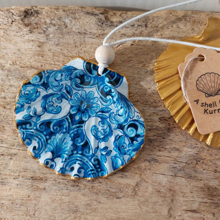 Hanging ornament real shell decoupaged blue and white