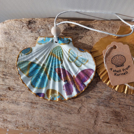 Real shell hanging ornament decoupaged with butterflies