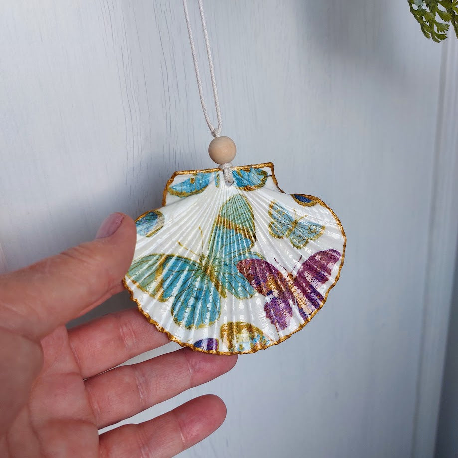 Real shell hanging ornament decoupaged with butterflies