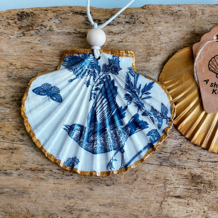 Real shell hanging ornament decoupaged with bird