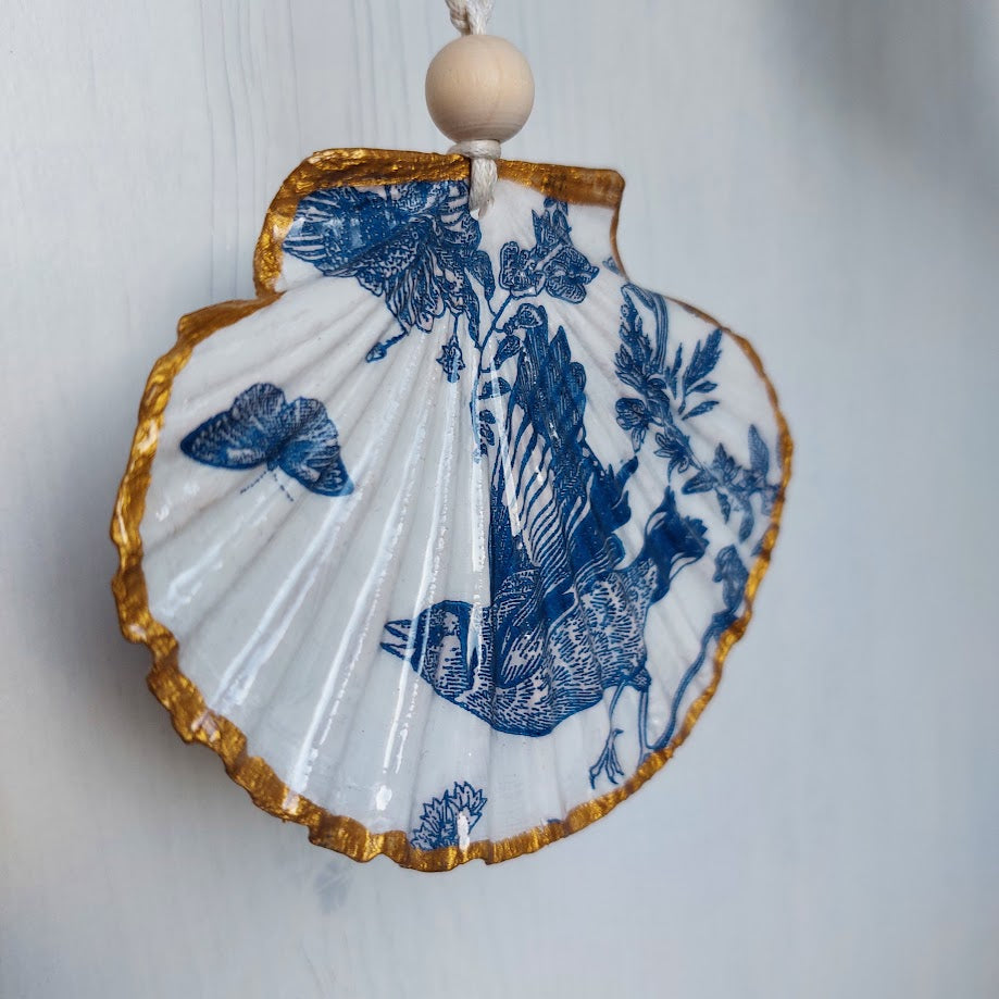 Real shell hanging ornament decoupaged with bird
