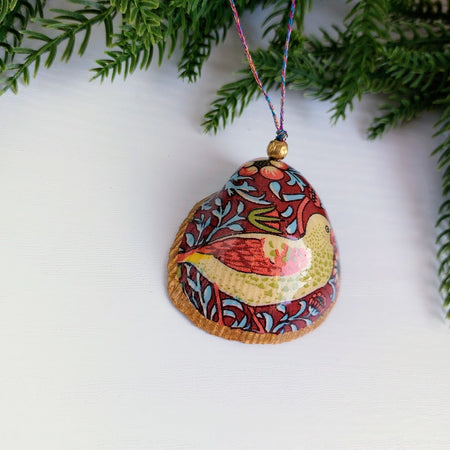 William Morris Strawberry Thief - Real cockle shell with bell- Hanging Christmas ornament