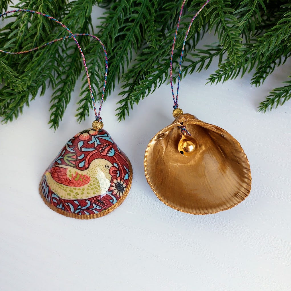 William Morris Strawberry Thief - Real cockle shell with bell- Hanging Christmas ornament