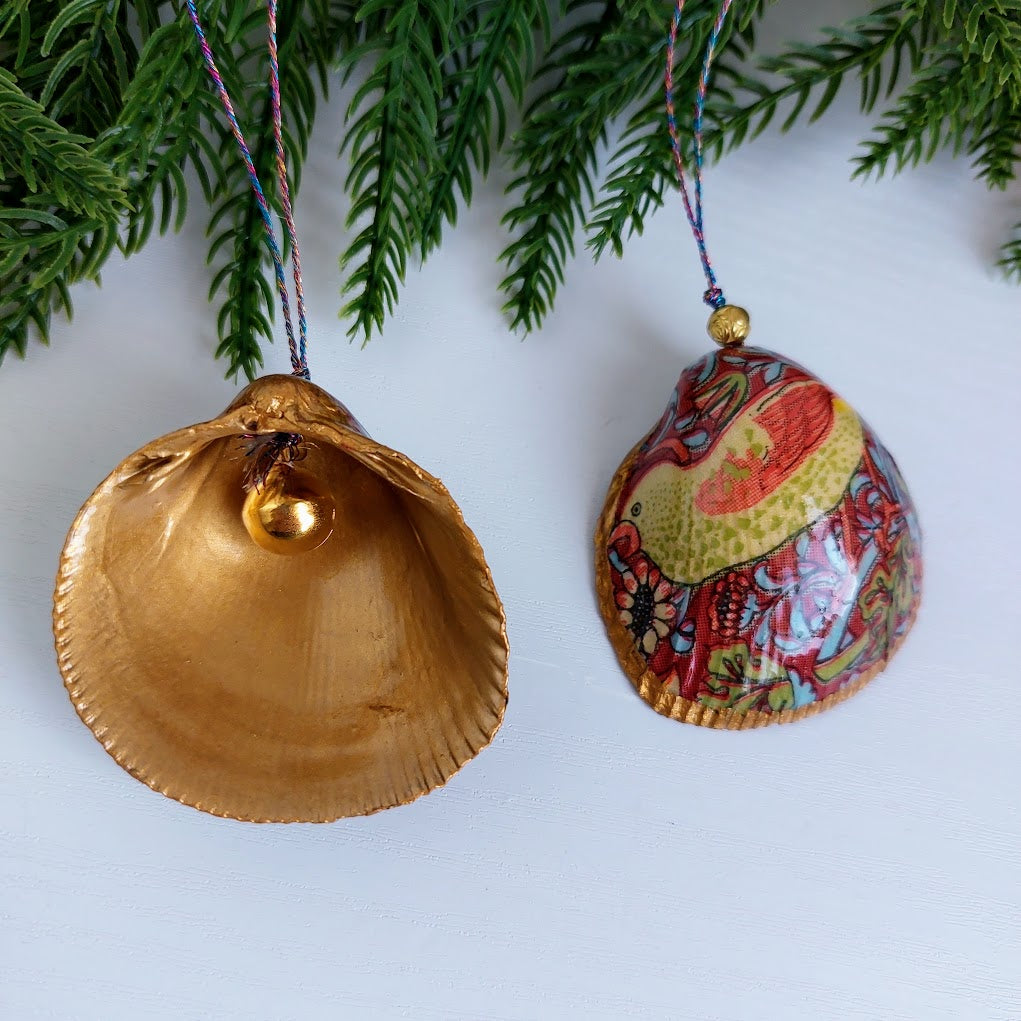 William Morris Strawberry Thief - Real cockle shell with bell- Hanging Christmas ornament
