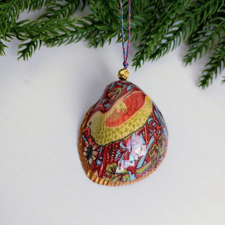 William Morris Strawberry Thief - Real cockle shell with bell- Hanging Christmas ornament