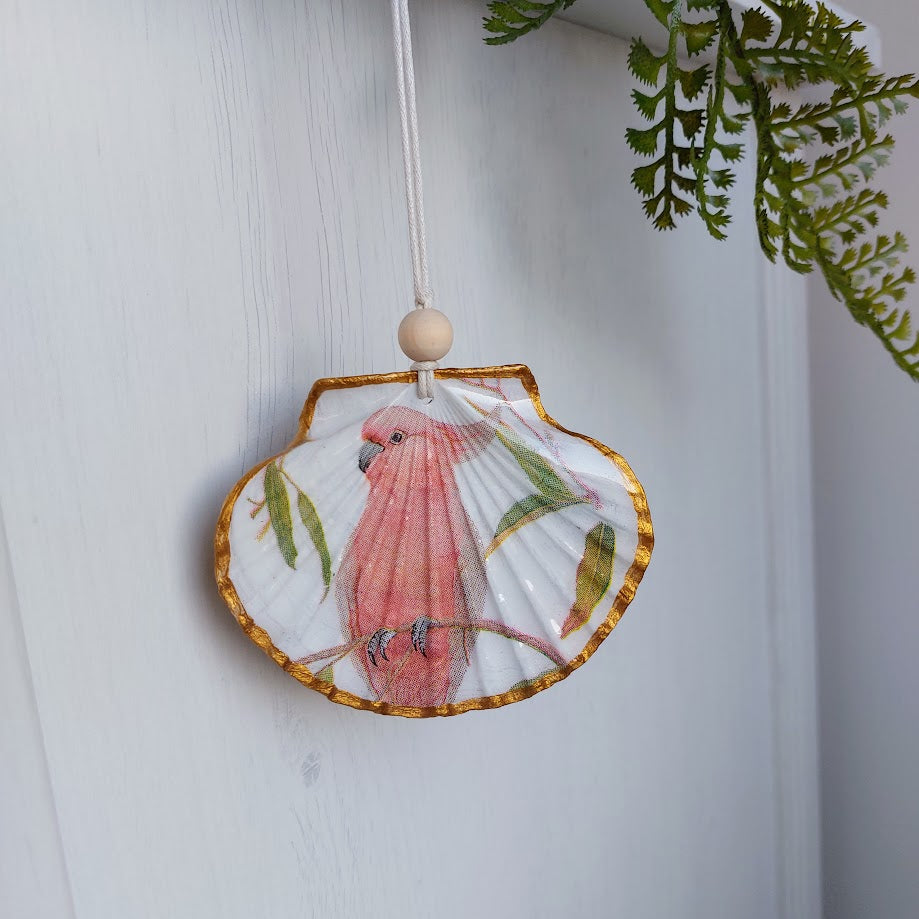 Hanging ornament real shell decoupaged with Australian Galah