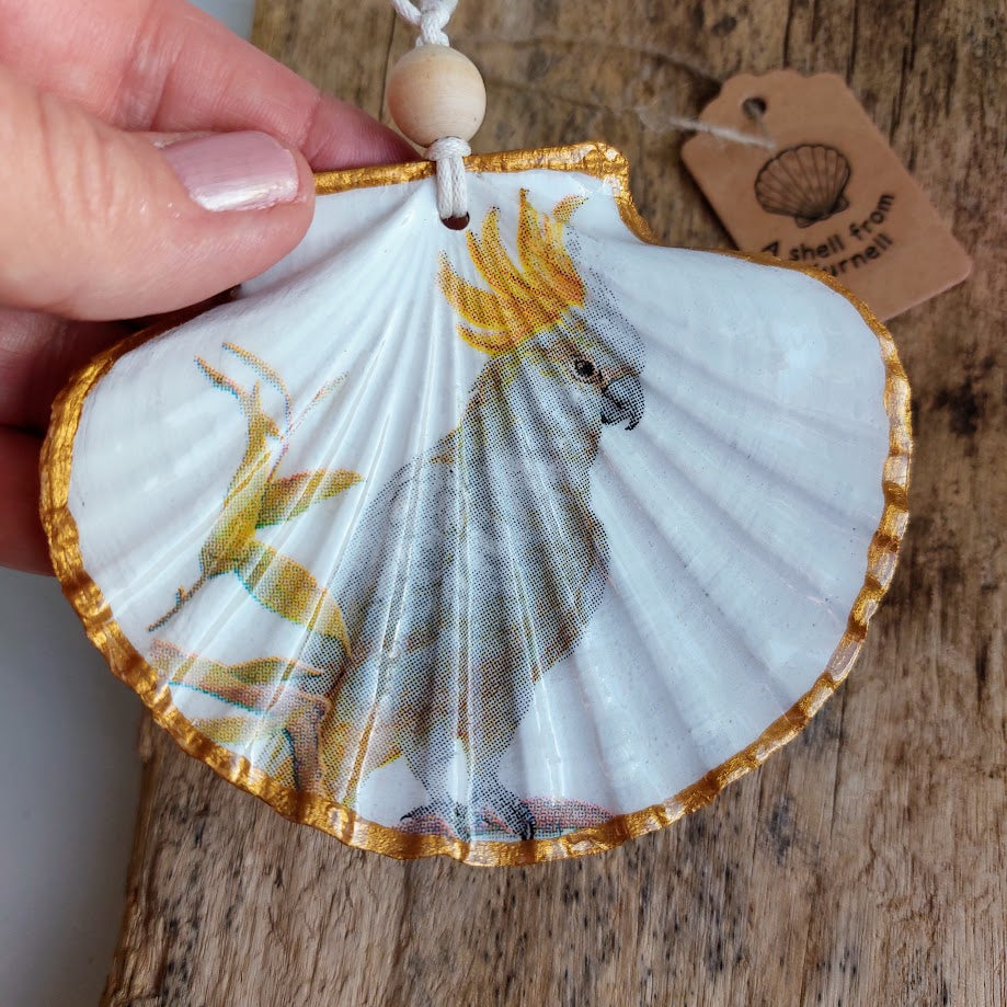Real shell hanging ornament decoupaged with Australian Cockatoo