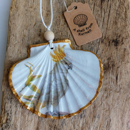 Real shell hanging ornament decoupaged with Australian Cockatoo