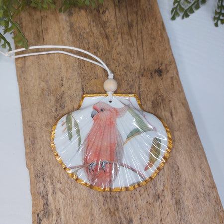 Hanging ornament real shell decoupaged with Australian Galah