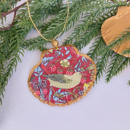 William Morris Strawberry Thief - Real shell hanging Christmas ornament