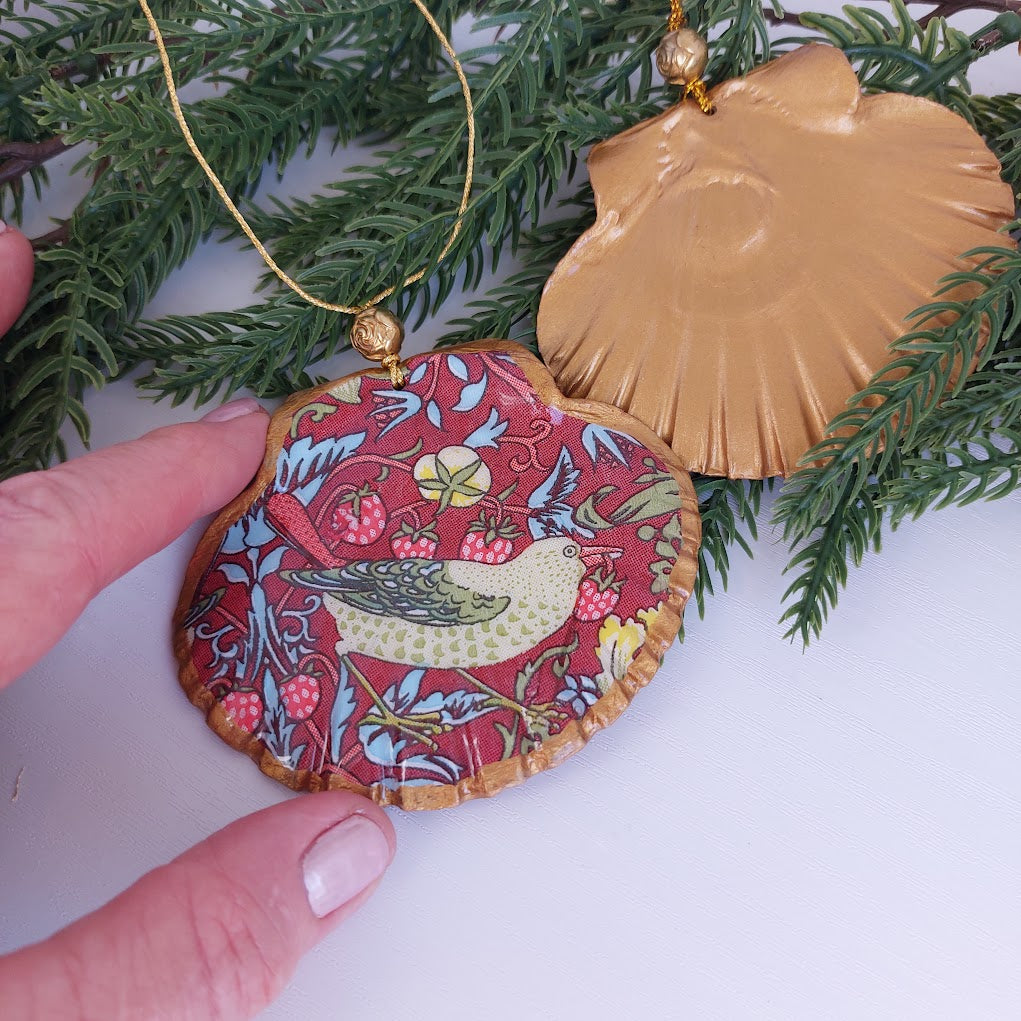 William Morris Strawberry Thief - Real shell hanging Christmas ornament