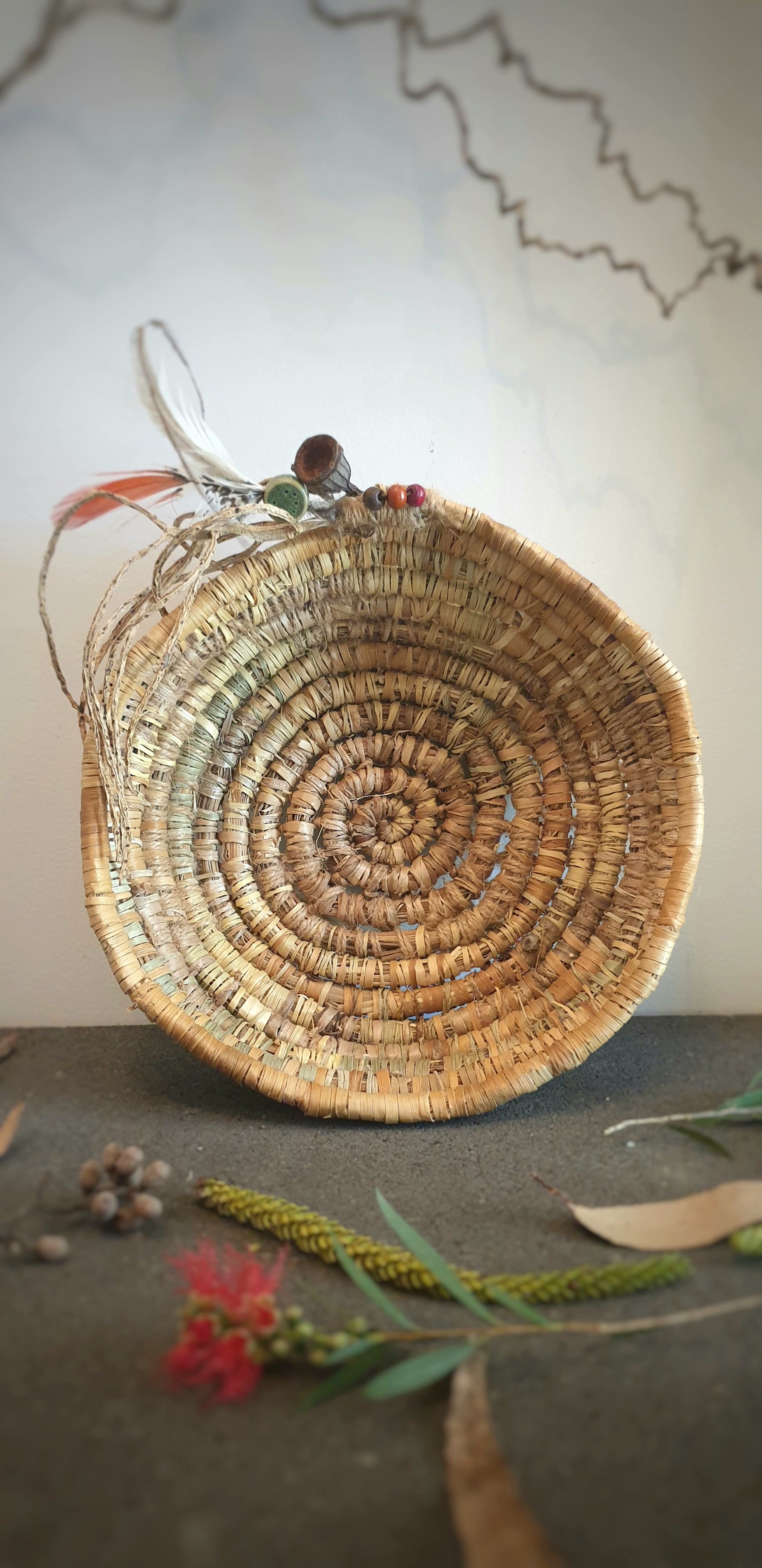 Handmade, natural banana fibre, coil basket.