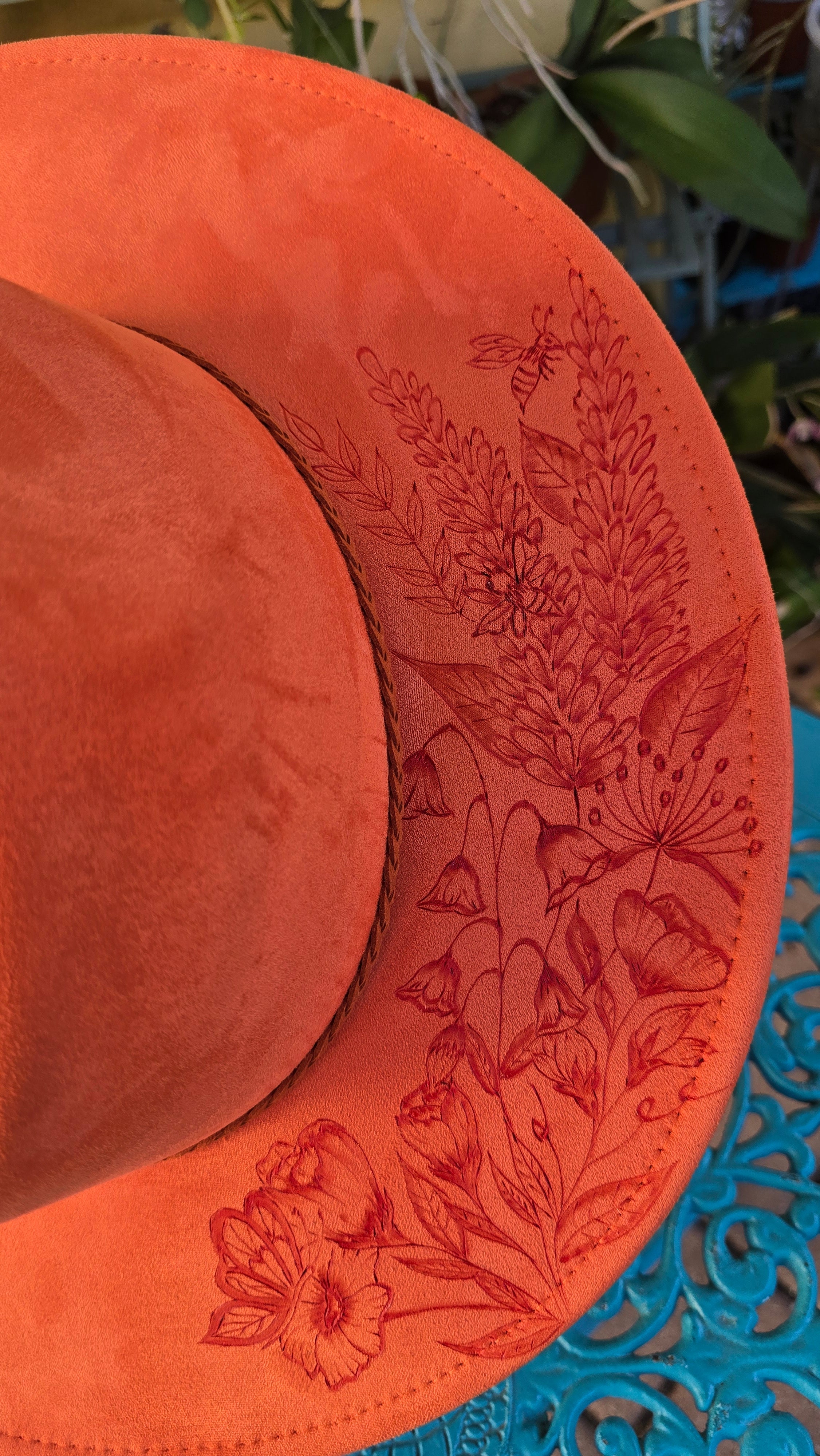 Hand burnt pyrography fedora hat - spring flowers theme