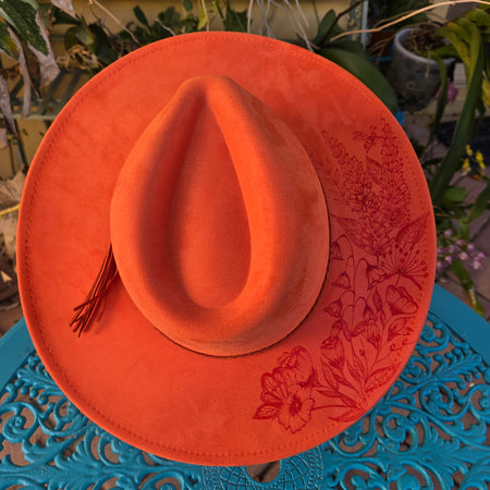 Hand burnt pyrography fedora hat - spring flowers theme