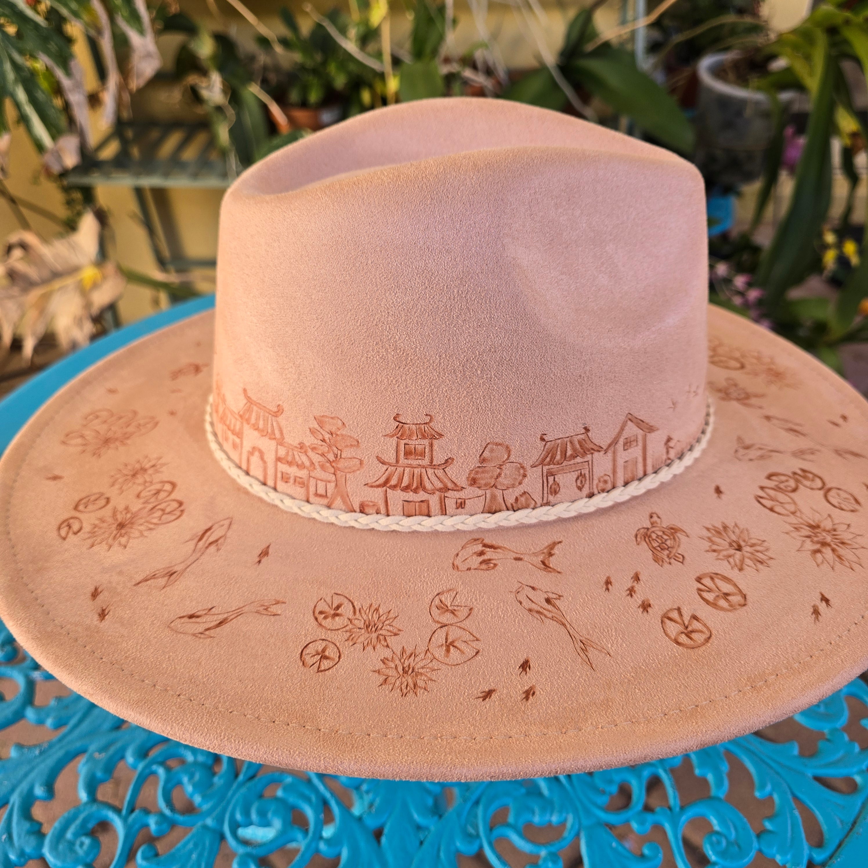 Hand burnt fedora hat - Ancient Chinese village