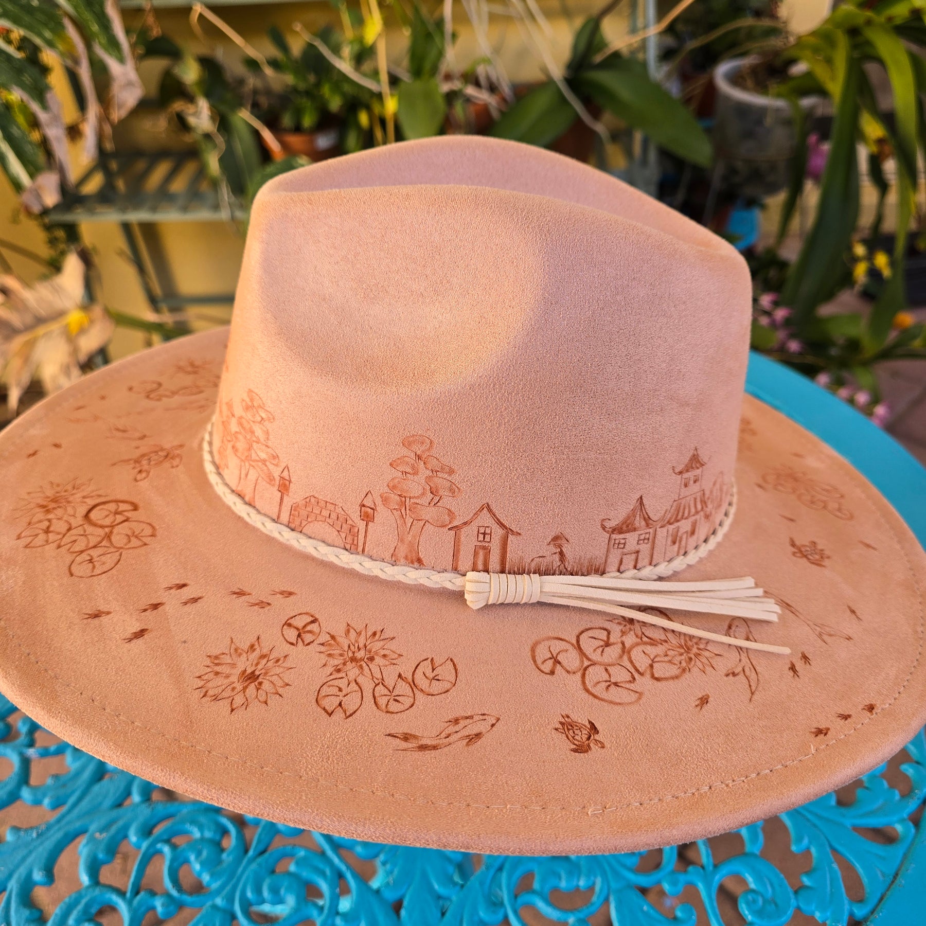 Hand burnt fedora hat - Ancient Chinese village