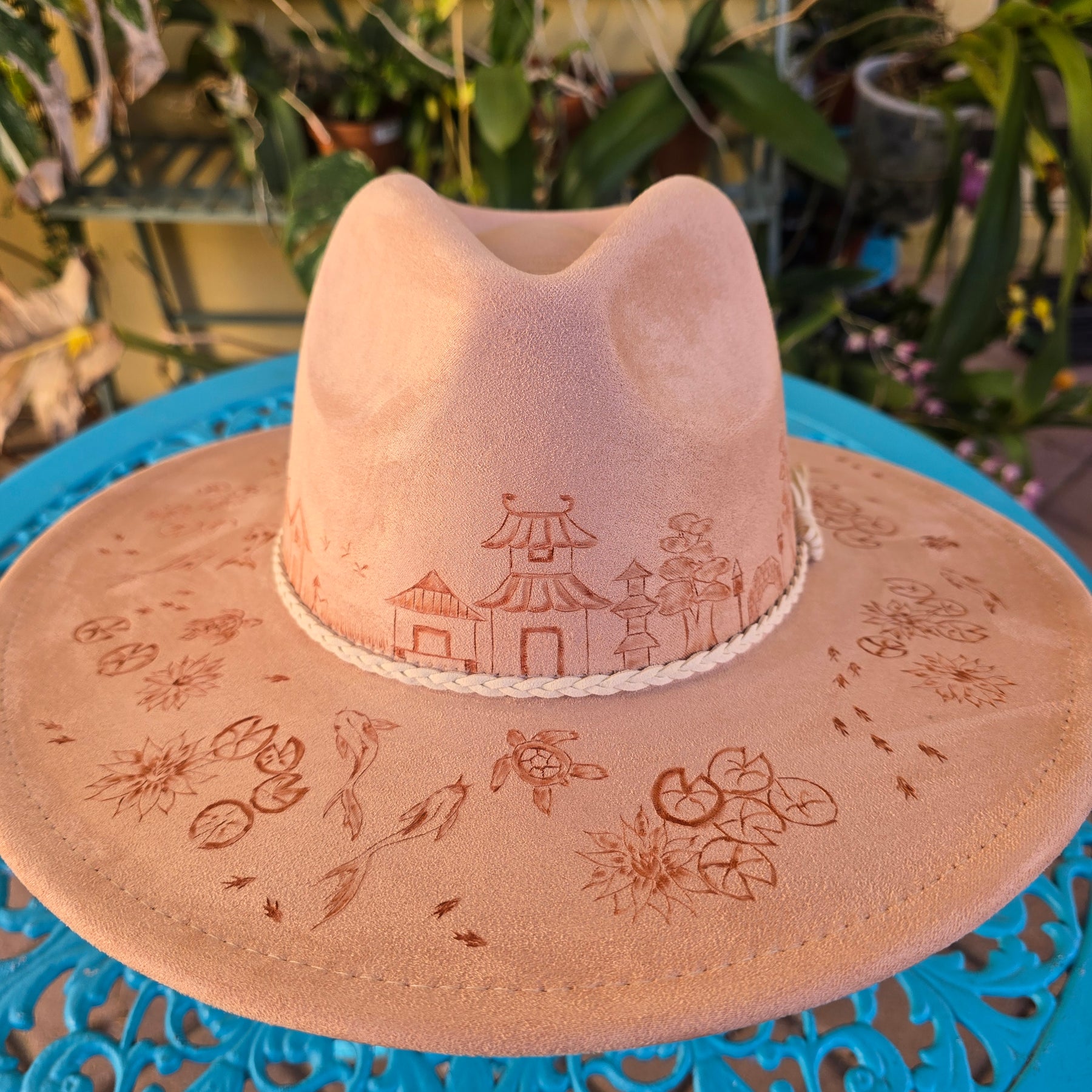 Hand burnt fedora hat - Ancient Chinese village