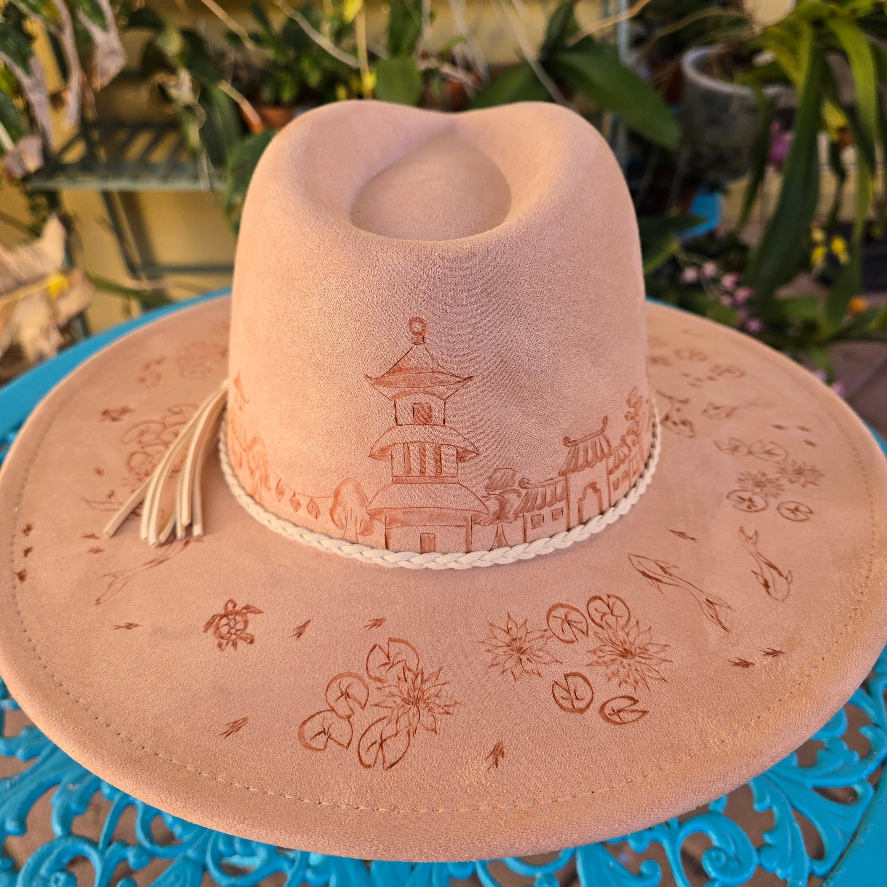 Hand burnt fedora hat - Ancient Chinese village