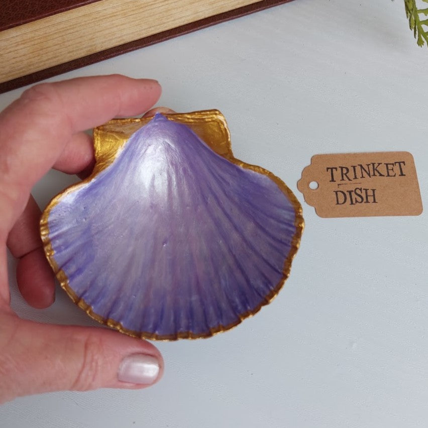 Real Shell trinket dish - Hand Painted Coastal Décor - Purple Scallop Shell