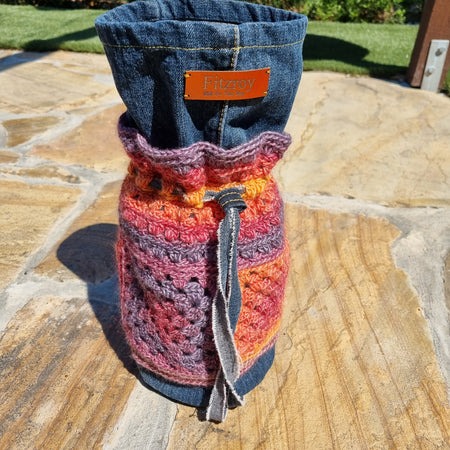 Granny Square Crochet Denim Dilly Bag in Purple and Orange (Handbag, Lunch bag)