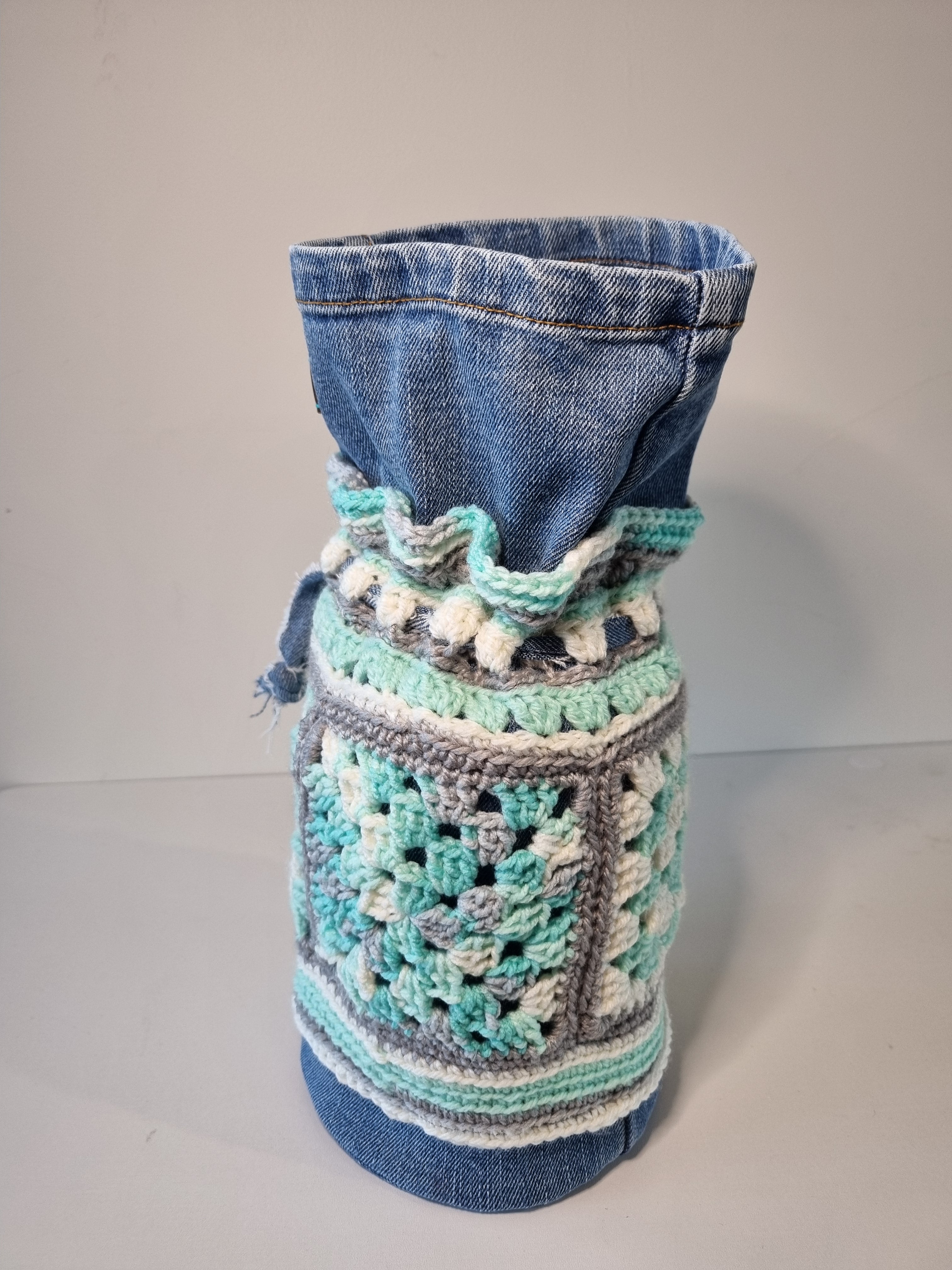 Granny Square Crochet Denim Dilly Bag in Teal, White and Grey(Handbag, Lunch bag)