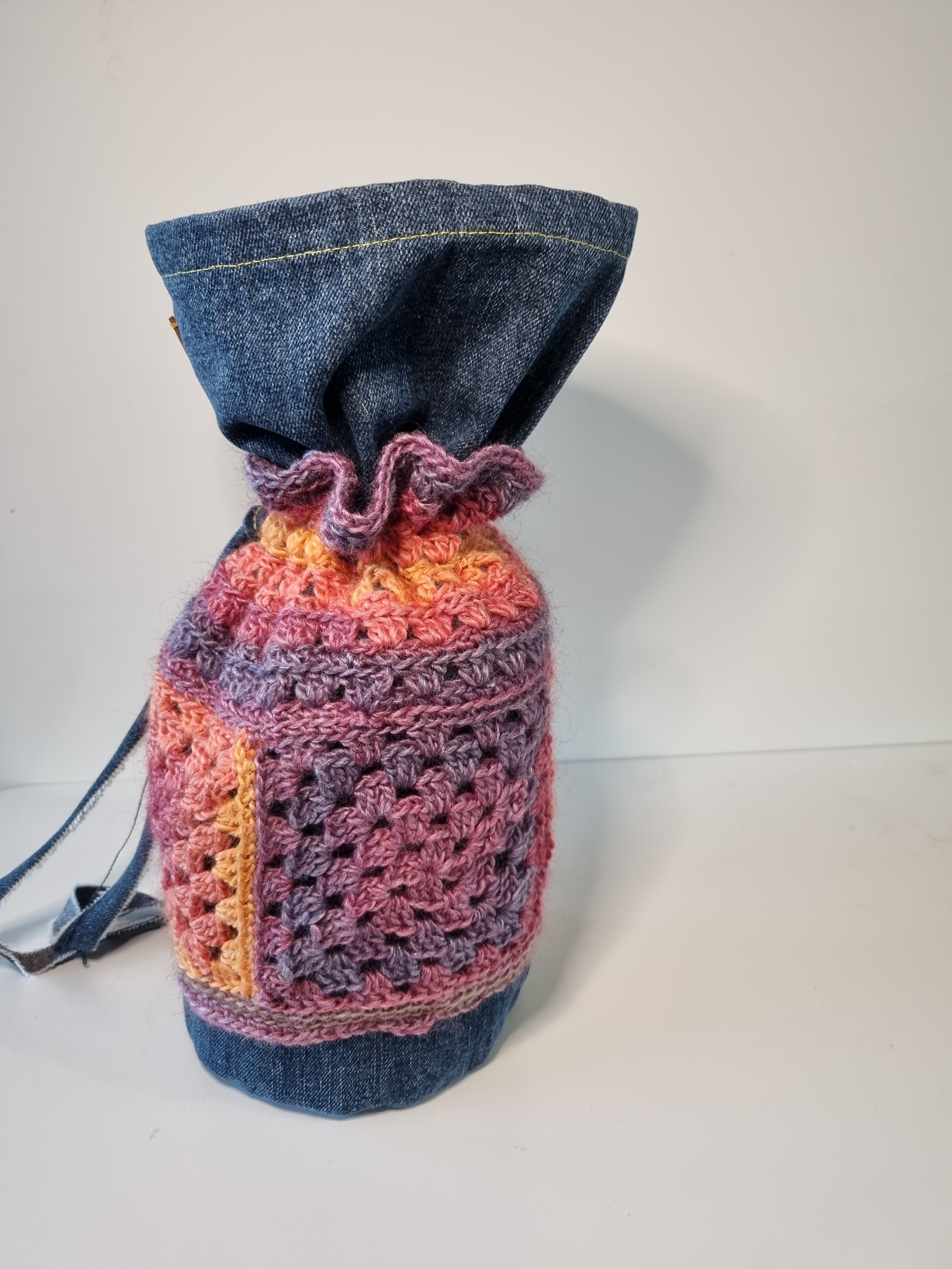 Granny Square Crochet Denim Dilly Bag in Purple and Orange (Handbag, Lunch bag)