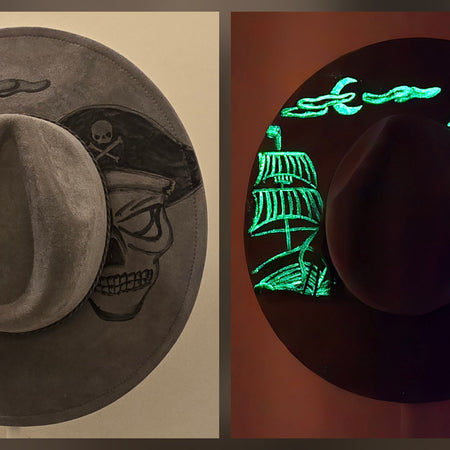Hand burnt fedora hat - Glow in the dark Pirate theme