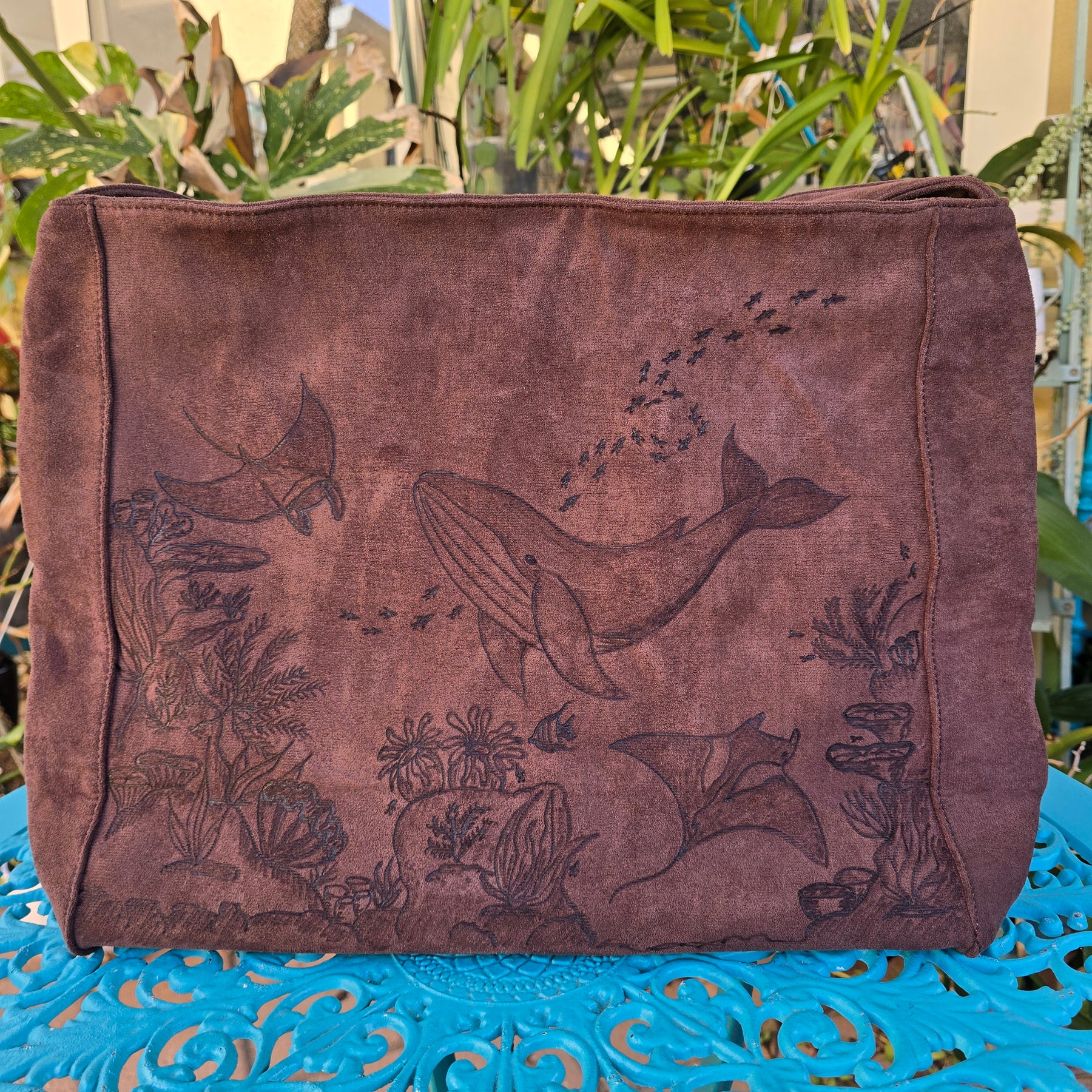 Hand burnt pyrography shoulder bag - whale & manta ray