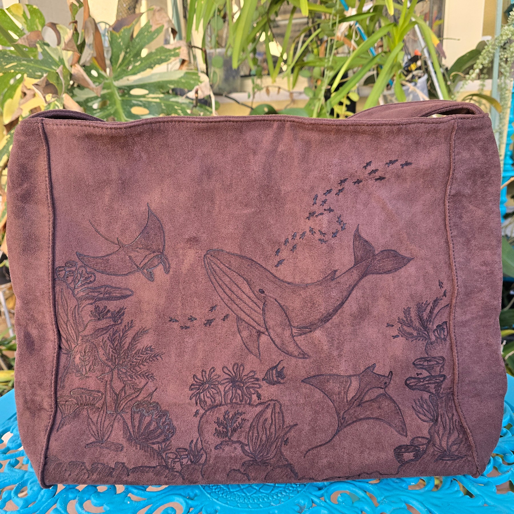 Hand burnt pyrography shoulder bag - whale & manta ray