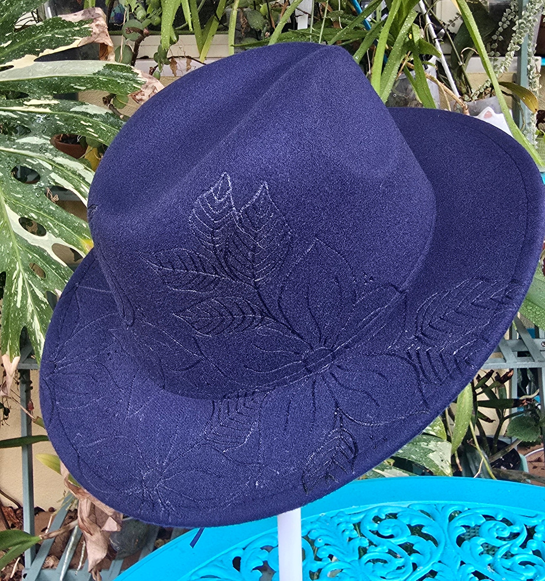 Hand burnt short brim fedora hat - floral pattern