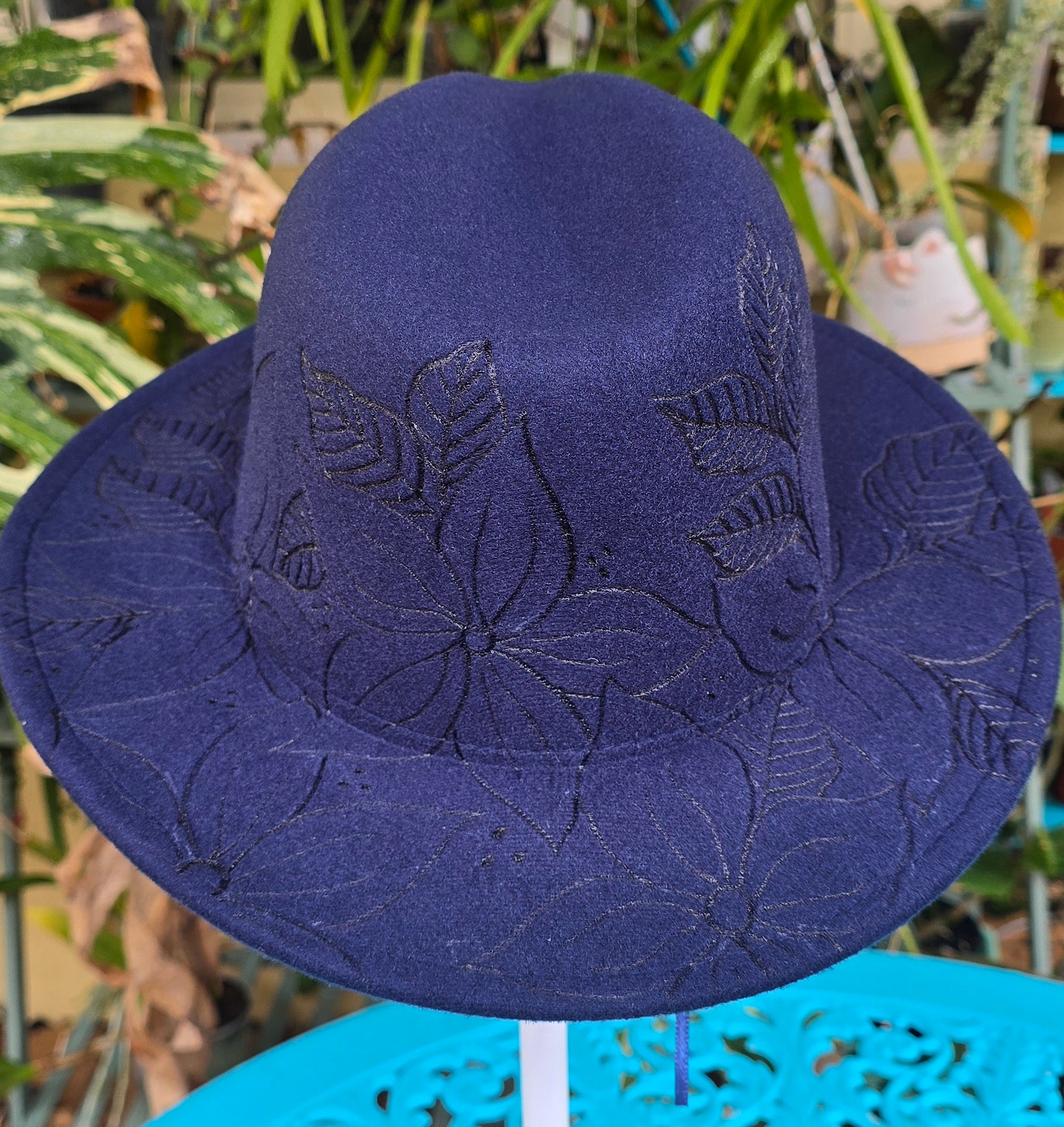 Hand burnt short brim fedora hat - floral pattern