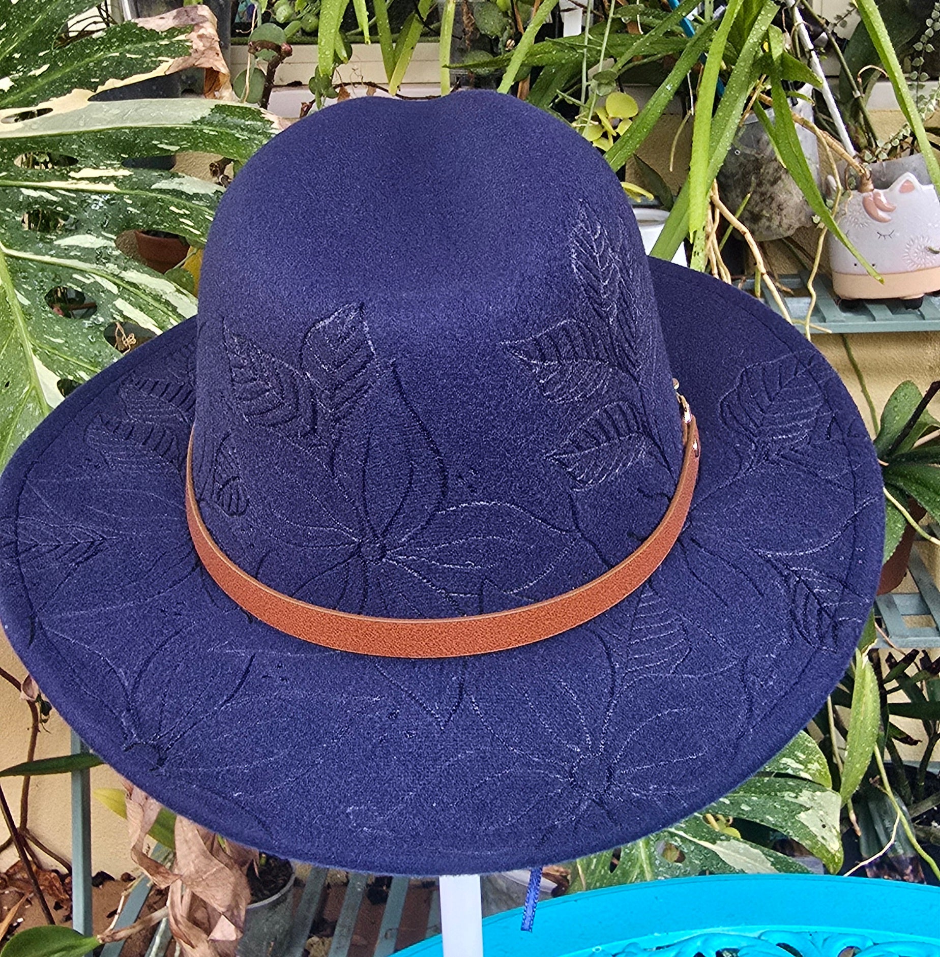 Hand burnt short brim fedora hat - floral pattern