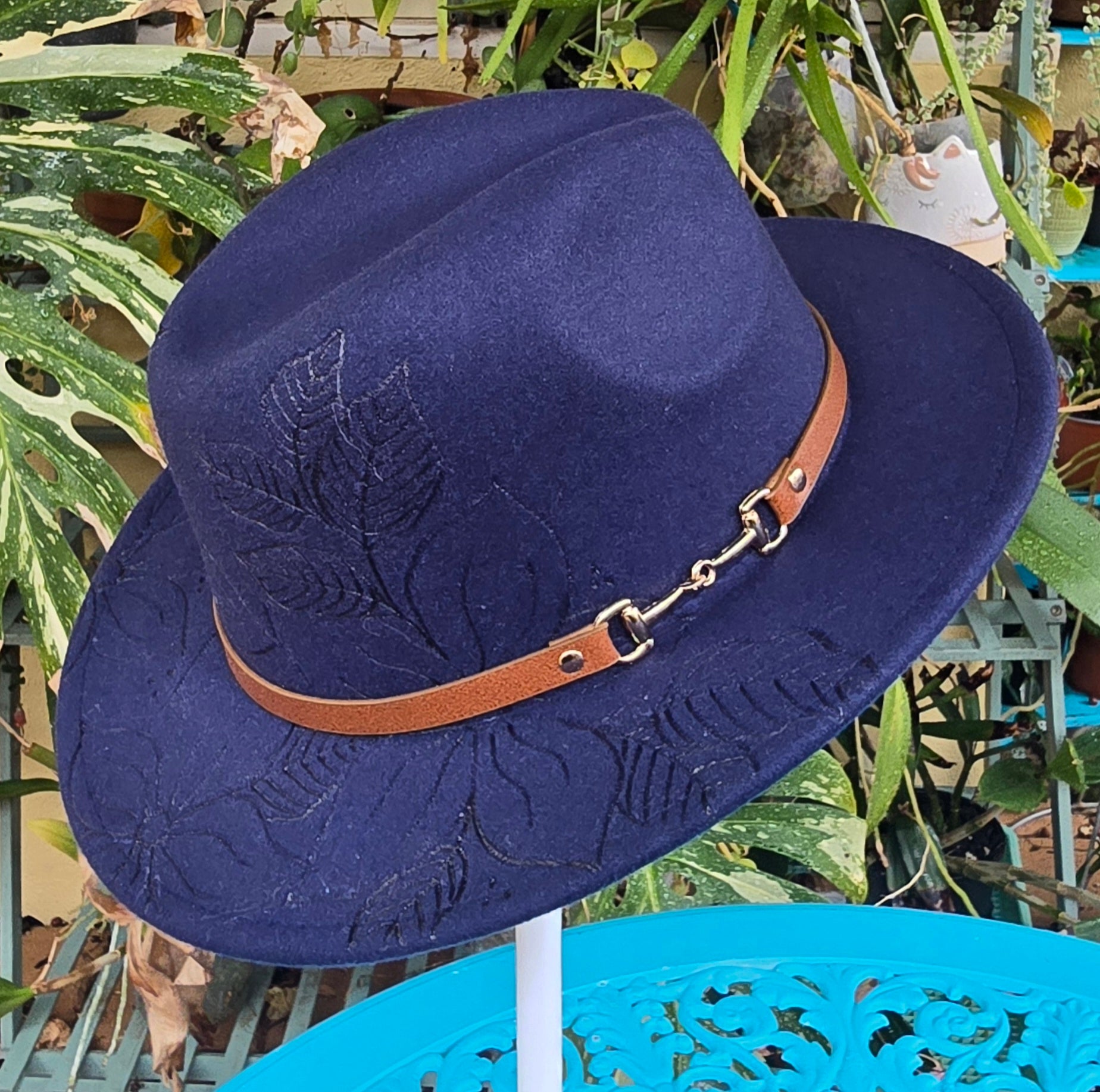 Hand burnt short brim fedora hat - floral pattern