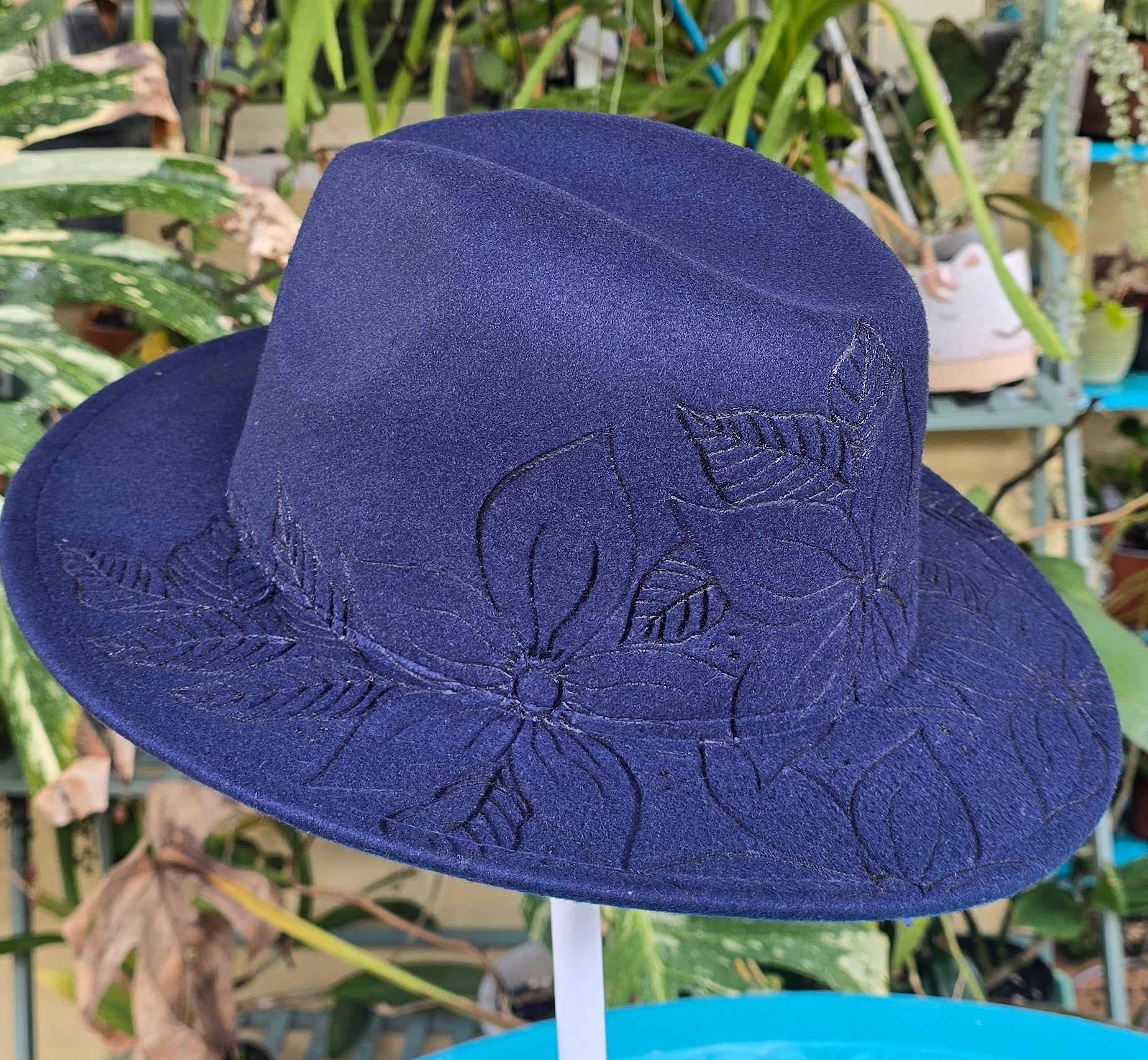 Hand burnt short brim fedora hat - floral pattern