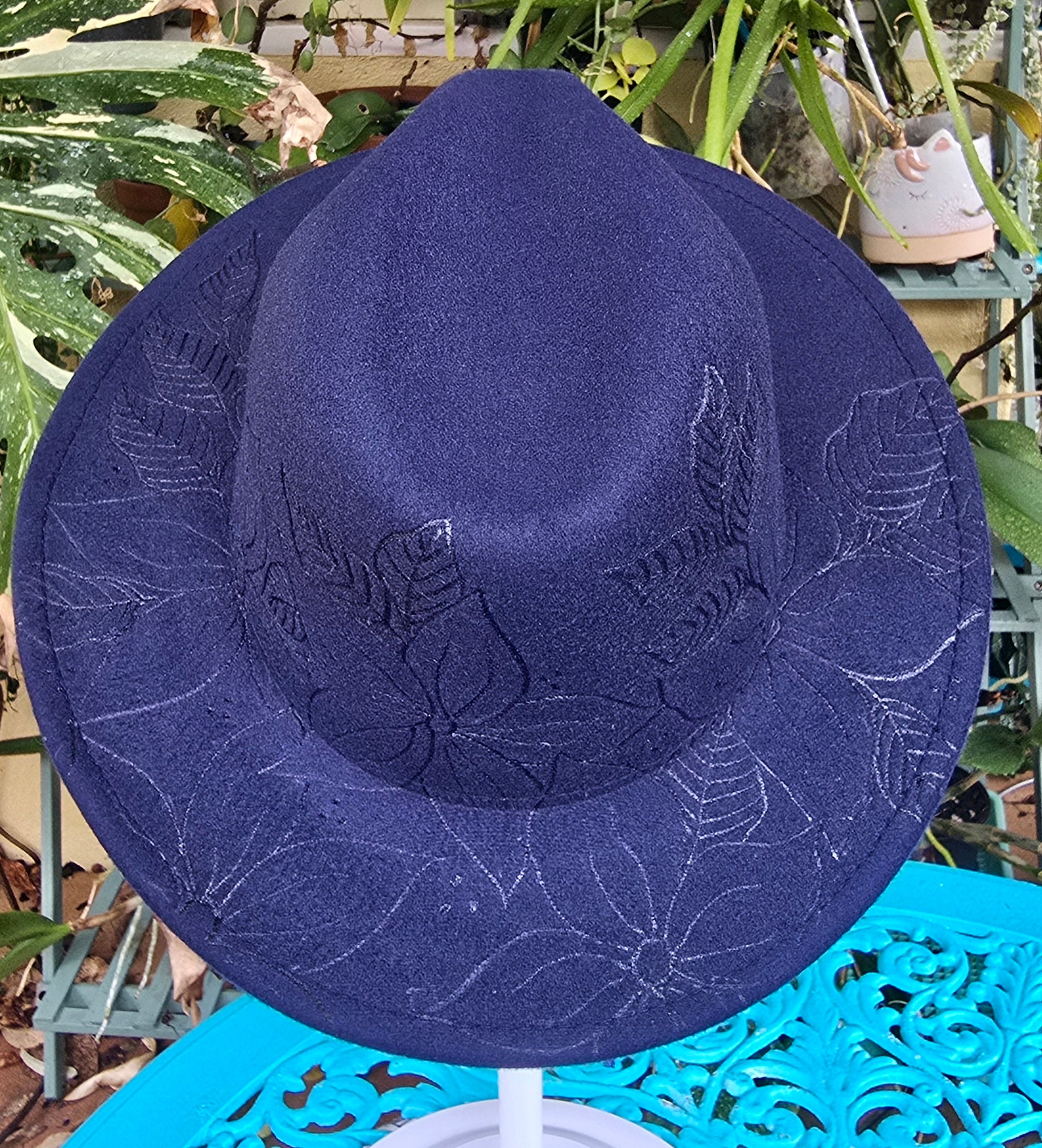 Hand burnt short brim fedora hat - floral pattern