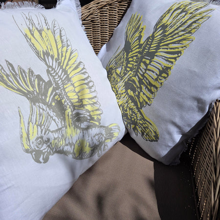 Hand screen printed Cockatoo- French Linen cushion covers (2 sided)