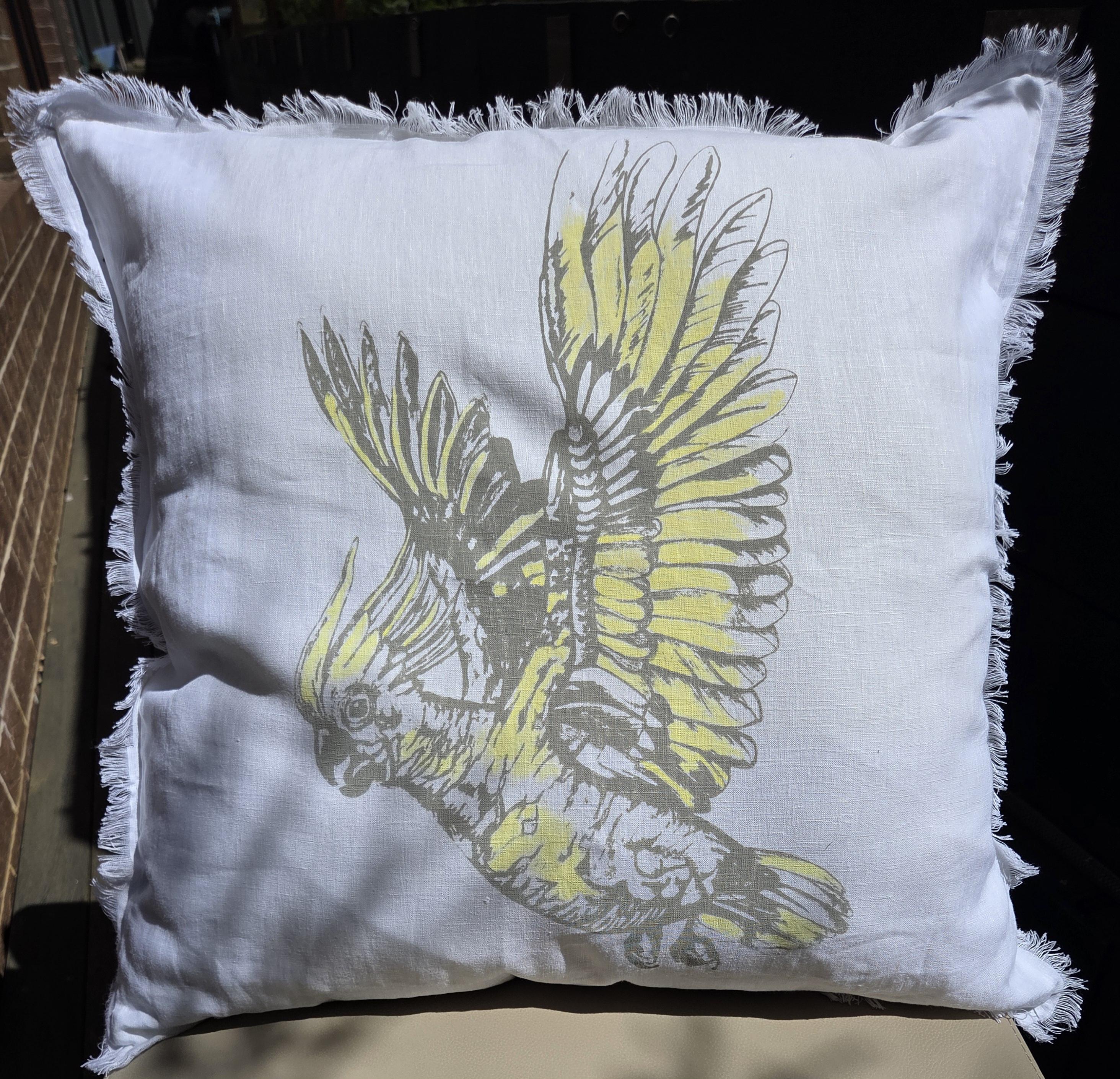 Hand screen printed Cockatoo- French Linen cushion covers (2 sided)