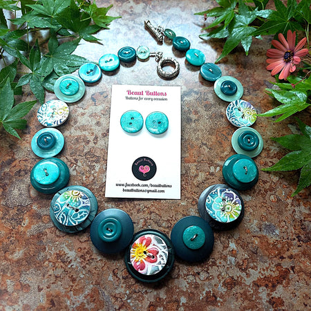 Button necklace and earrings - Blue Lagoon