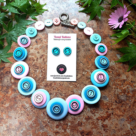 Pink and blue Button necklace and earrings - Maybe Baby