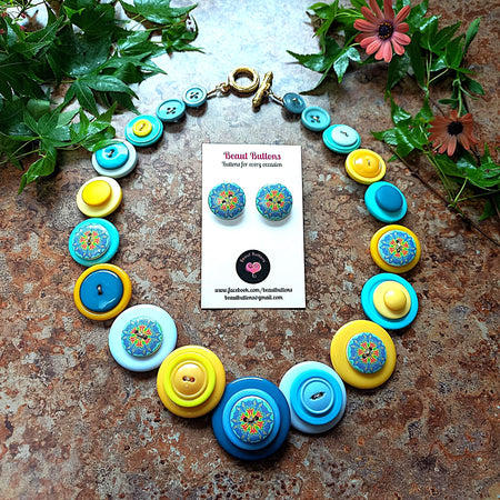 Button necklace and earrings - Blue Mandala