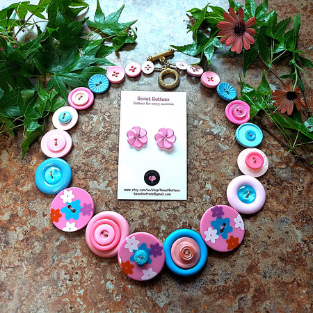 Pink flower necklace and earrings - Rosy Posy