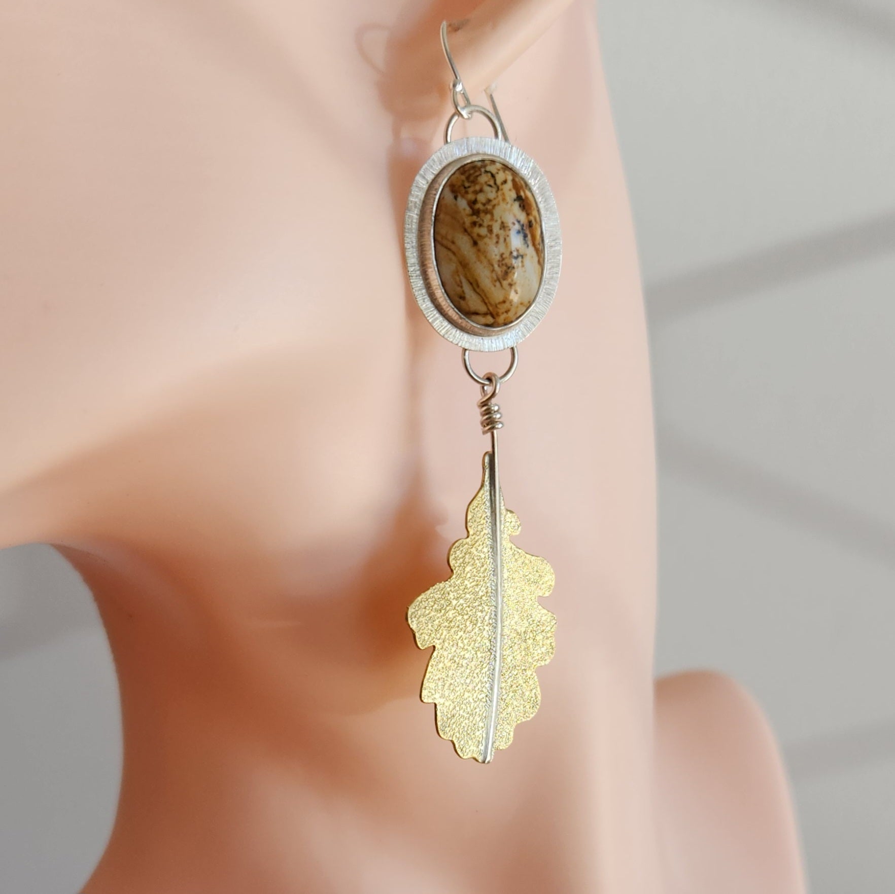 Mixed metal leaf earrings with picture jasper