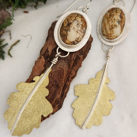 Mixed metal leaf earrings with picture jasper