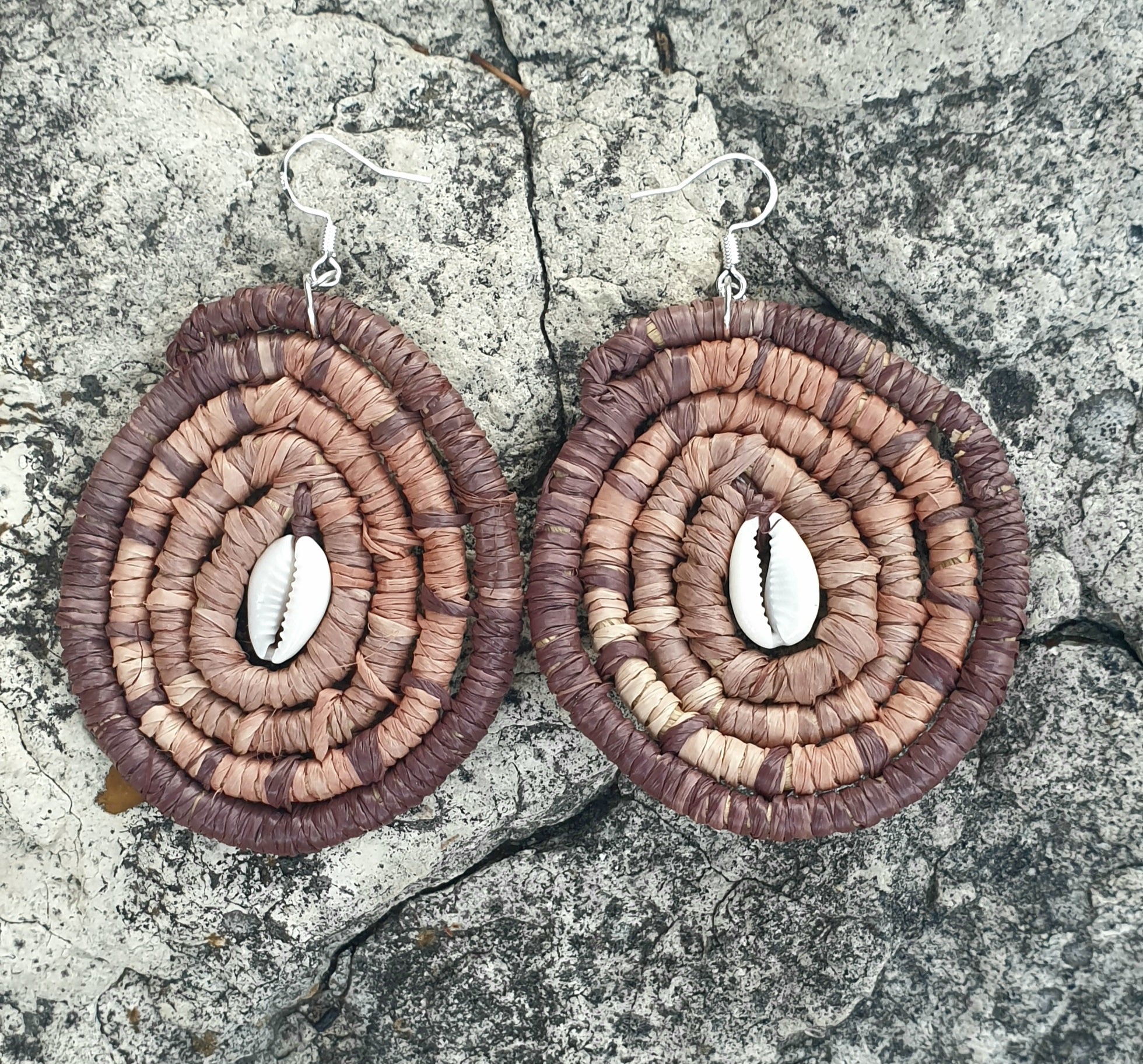 Handmade raffia/cowrie shell, coil woven earrings